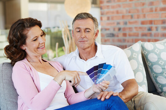 Couple, planning and paint swatches in home renovation, project and thinking about color in house. Mature, people and decision of palette, options and discussion of interior design choice with ideas