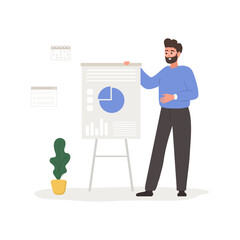 Male entrepreneur. Successful man presenting research report and develops strategy for progress. Data analysis and optimization. Business expert. Vector illustration in flat cartoon style.