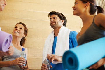 People, group and smile for yoga, fitness and wellness for health club. Friends, workout and water...