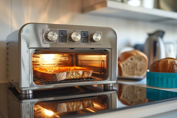 A modern toaster oven with digital controls toasting slices of artisanal bread to perfection.