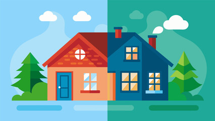A before and after image of a house with old drafty windows and then with new energyefficient windows demonstrating their impact on heating and