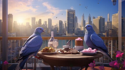 Stylish urban pigeons enjoying mocktail hour on a trendy outdoor terrace, with skyscrapers towering in the background. - obrazy, fototapety, plakaty