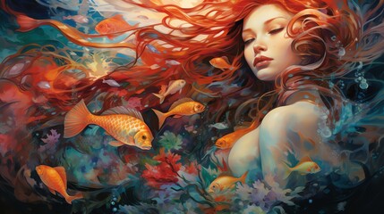 Capture the depths of the underwater world with vibrant colors and intricate details in a surrealist painting of mermaids, sea serpents, and mystical creatures with traditional watercolor medium