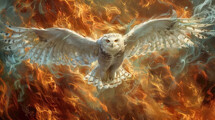 Majestic Snowy Owl Soaring over Fiery Inferno – A Mesmerizing Contrast. - obrazy, fototapety, plakaty