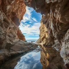 Stunning Cave Entrance with Sea View and Reflection under Blue Sky.