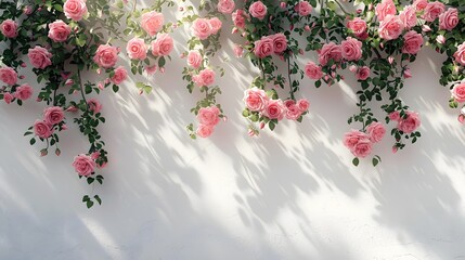 The wall had pink flowers hanging on it, with a white background. Sun rays and shadows could be seen, giving it a pastel aesthetic. 