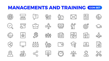 Business or organisation management icon set. Containing manager, teamwork, strategy, marketing, business, planning, training, employee icons. Solid icons vector collection. outline icon collection.