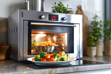 A sleek built-in microwave oven with sensor cooking technology heating up a plate of leftovers.