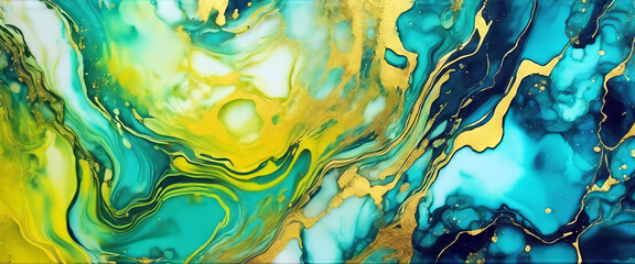 Ink Canvas Water Art Modern Neon Abstract Template Alcohol Marble Green Pattern Gold Watercolor Gradient Paint Yellow Light Blue Elegant Background Color Backgr