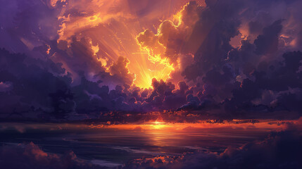 Fototapeta na wymiar Radiance Repair is portrayed through a sunrise breaking through storm clouds.
