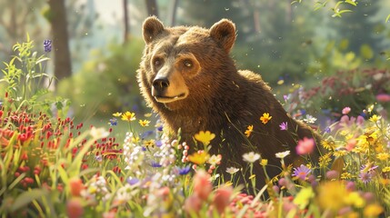 Create a heartwarming scene with a cute bear at eye-level angle