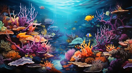 Fototapeta na wymiar Craft a vibrant acrylic painting portraying the essence of utopian dreams below the surface, featuring a colorful array of marine life and serene underwater landscapes
