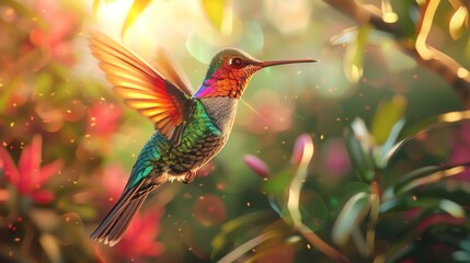 Illustrate a vibrant hummingbird hovering mid-air, delicate iridescent feathers shimmering under dappled sunlight Show intricate wing patterns with a touch of iridescence