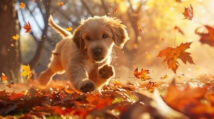 Capture a heartwarming long shot of a fluffy golden retriever puppy playing in a sunlit park