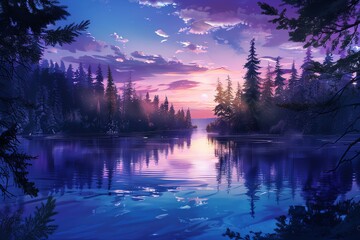 Illustrate a peaceful lakeside scene at twilight
