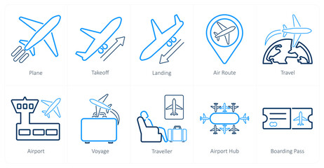 A set of 10 airport icons as plane, takeoff, landing