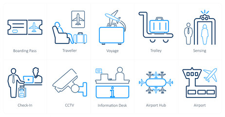 A set of 10 airport icons as boarding pass, traveller, voyage