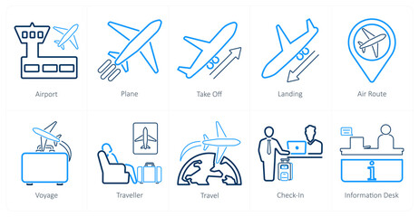 A set of 10 airport icons as airport, plane, takeoff
