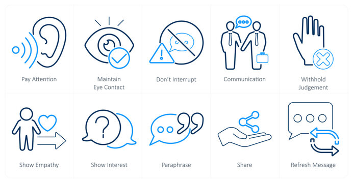 A set of 10 active listening icons as pay attention, maintain eye contact, dont interrupt