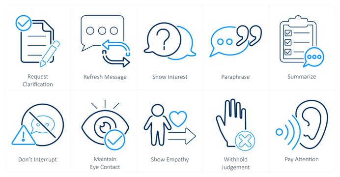 A set of 10 active listening icons as request clarification, refresh message, show interest
