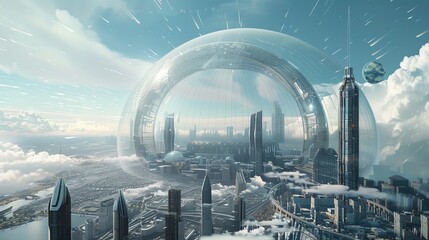 Design a futuristic sci-fi setting where a colossal glass dome encases a bustling metropolis, showcasing advanced CG 3D structures against a backdrop of awe-inspiring virtual skies