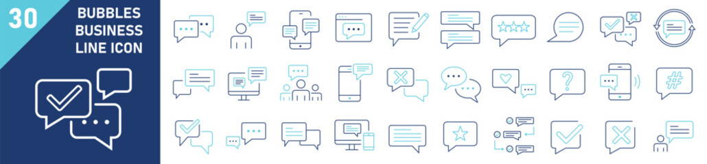 Bubbles icons Pixel perfect. Bubbles business icon set. Set of 30 outline icons related to bubbles chat, message, team. Linear icon collection. Editable stroke. Vector illustration.