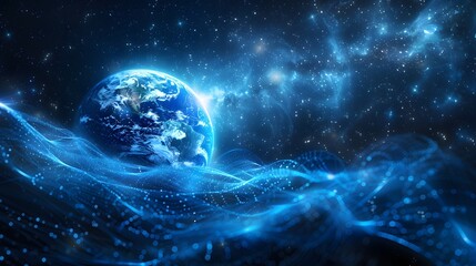 This abstract piece depicts the Earth in 3D space, surrounded by blue wavy dotted lines, with abstract blue lights around the planet. - obrazy, fototapety, plakaty