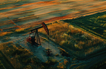 Amidst a vast oil field, a solitary crude oil pump stands tall