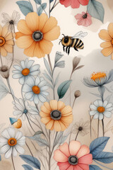 Spring or summer cutest card or poster with hand drawn bee on a wildflowers.