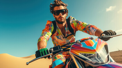 Man riding sports bike in multicolored riding goggles