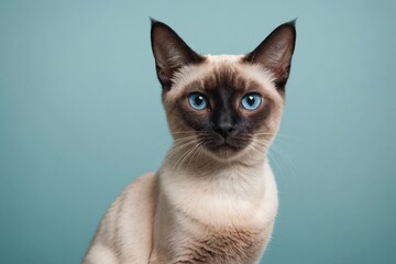 Portrait of Siamese cat looking at camera, copy space. Studio shot.