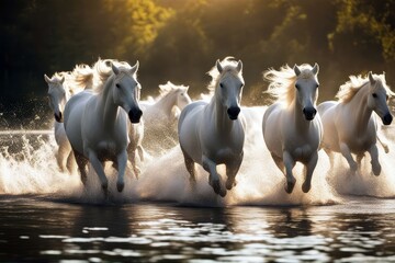 'white water horses herd running animal arab arabian art background beautiful beauty black couple elegant equestrian equine farm fauna free freedom gallop horse isolated lake light mammal mane mare'