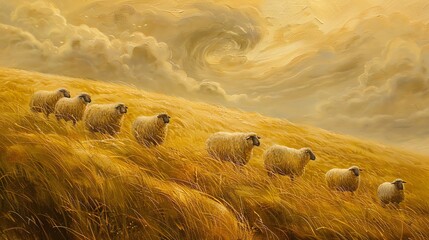 Flock of sheep blending in with the rolling hills and tall blades of grass - obrazy, fototapety, plakaty