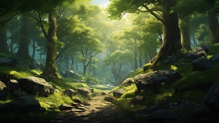 Tranquil forest scenery wallpaper, with towering trees, dappled sunlight, and a sense of natural tranquility.
