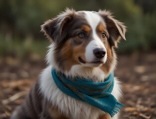 Australian Shepherd puppy wearing a wig and scarf, 5 months old
