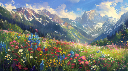 Meadow Magic A mesmerizing tableau of an alpine meadow alive with the colors of spring, where vibrant wildflowers bloom in profusion, creating a scene of enchanting beauty and serenity.