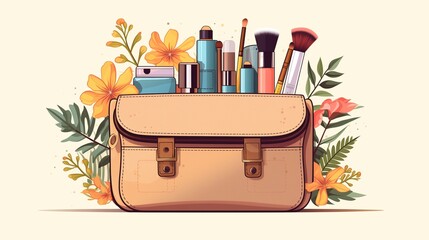 Vector illustration of a stylish makeup bag filled with essential beauty products and accessories. - obrazy, fototapety, plakaty