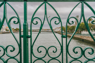  A view of the river through ornate green wrought iron of Roman bridge, with a seagull flying above...