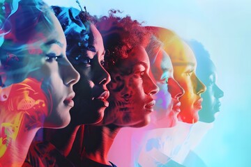 a multi-layered collage of diverse female faces in profile, each overlaid with a different color, creating a striking spectrum effect