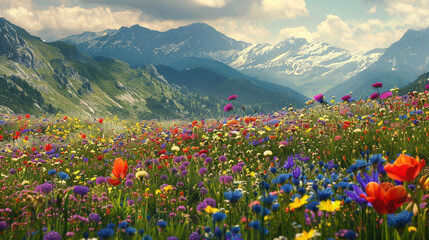 Meadow of Alpine Delight A picturesque scene of an alpine meadow in full bloom, with a riot of colorful flowers stretching as far as the eye can see, creating a breathtaking display of natural beauty.