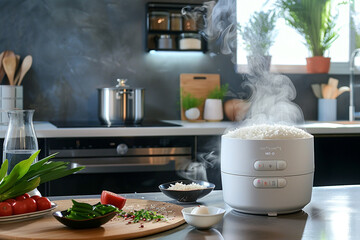 A stylish rice cooker steaming fluffy jasmine rice in a modern kitchen setting.