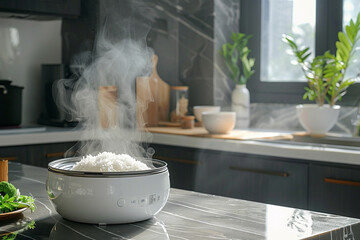 A stylish rice cooker steaming fluffy jasmine rice in a modern kitchen setting.