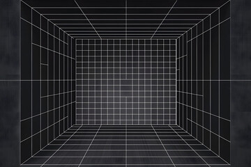Illustration of black room with white lines running on the walls, forming squares.