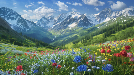 Mountain Floral Paradise A breathtaking vista of an alpine meadow ablaze with the vibrant colors of blooming flowers, nestled amidst the rugged beauty of snow-capped peaks and lush green valleys.