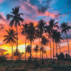 Obraz premium Sunset over a coconut farm, with the silhouette of coconut trees against a vibrant sky, creating a serene and picturesque setting for lifestyle and travel themes.