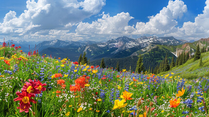 Alpine Bloom Extravaganza A stunning panorama of an alpine meadow bursting with the vibrant colors of blooming flowers, set against the backdrop of majestic mountains and clear blue skies,