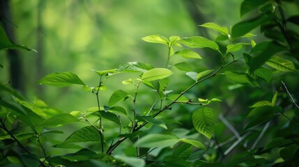 Naklejka premium Close up view of green foliage and tree limbs with tiny insect in natural setting