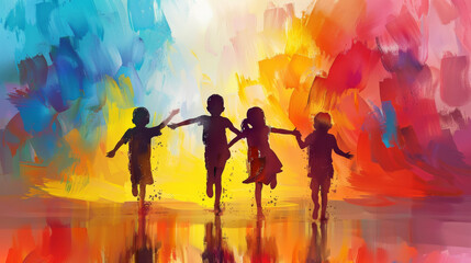 Illustration of four children's silhouettes stand out against a backdrop of clear bright colors