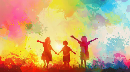 Illustration of three children's silhouettes stand out against a backdrop of clear bright colors
