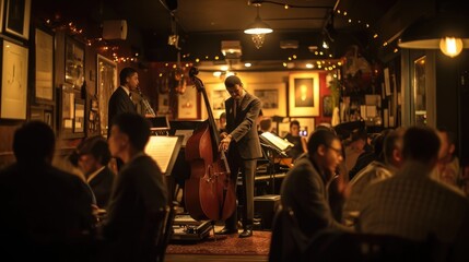 An evening at a jazz club, musicians in mid-performance, intimate lighting, audience engagement,...
